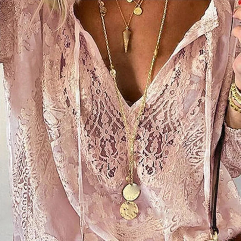Boho Lace Hollow-Out V-Neck Blouse