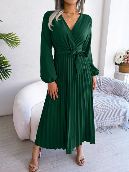 Women’s Elegant V-Neck Pleated Maxi Dress