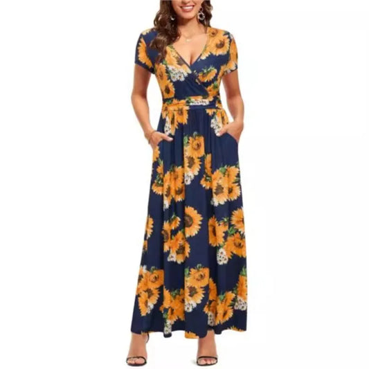 Printed V-Neck Wrap Dress