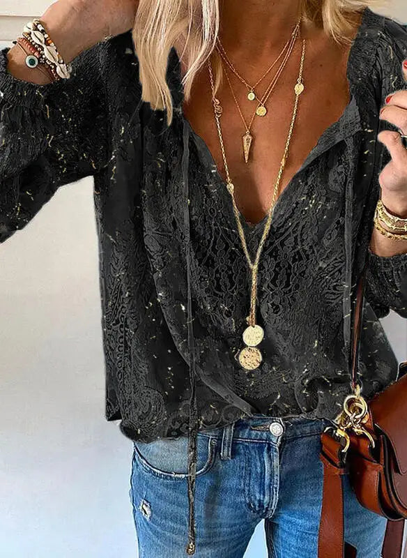 Boho Lace Hollow-Out V-Neck Blouse