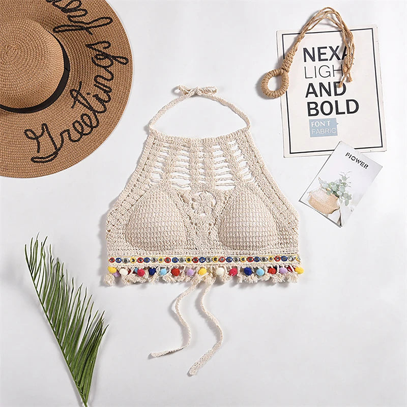 Bohemian Knit Backless Tassel Crop Top