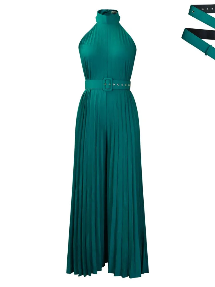 Halter Neck Pleated Wide Leg Jumpsuit