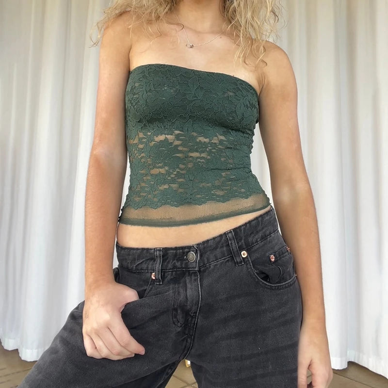 Boho Floral Lace Strapless Crop Top