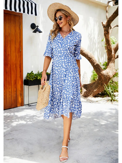 Floral V-Neck Wrap Midi Dress