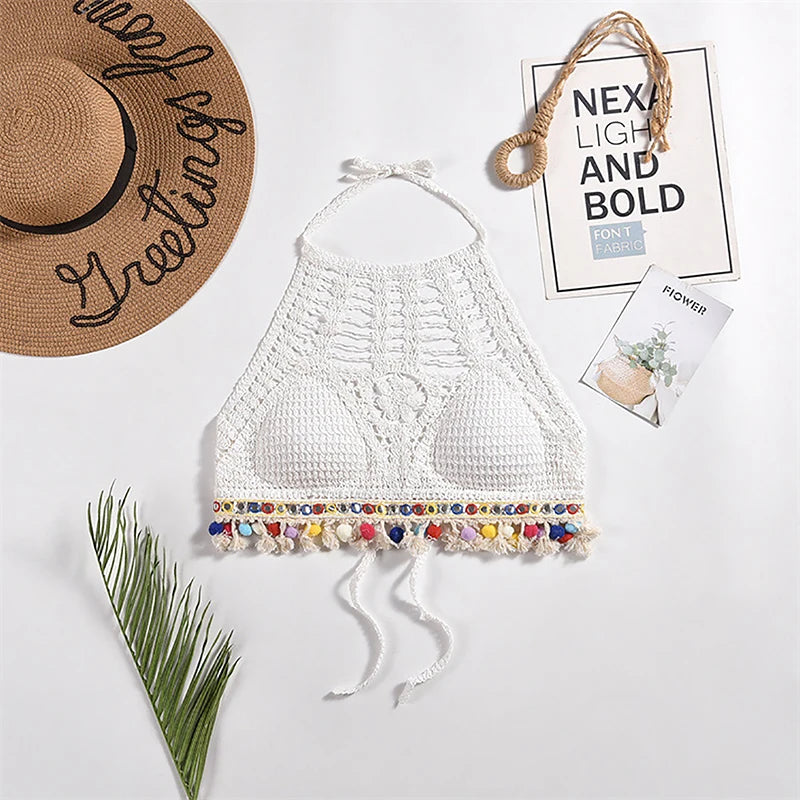 Bohemian Knit Backless Tassel Crop Top