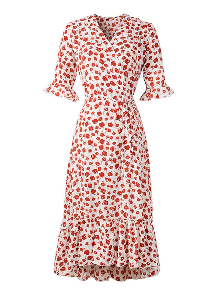 Floral V-Neck Wrap Midi Dress
