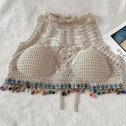 Bohemian Knit Backless Tassel Crop Top