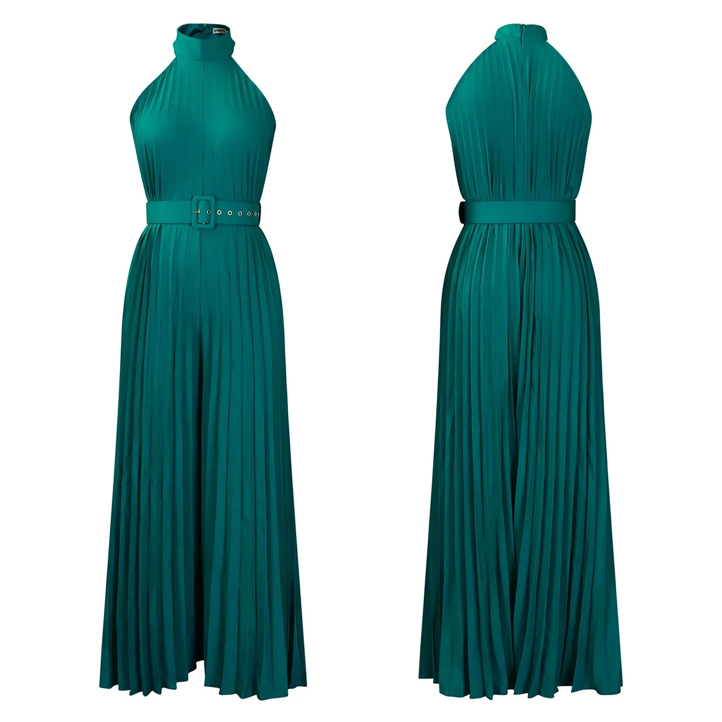 Halter Neck Pleated Wide Leg Jumpsuit