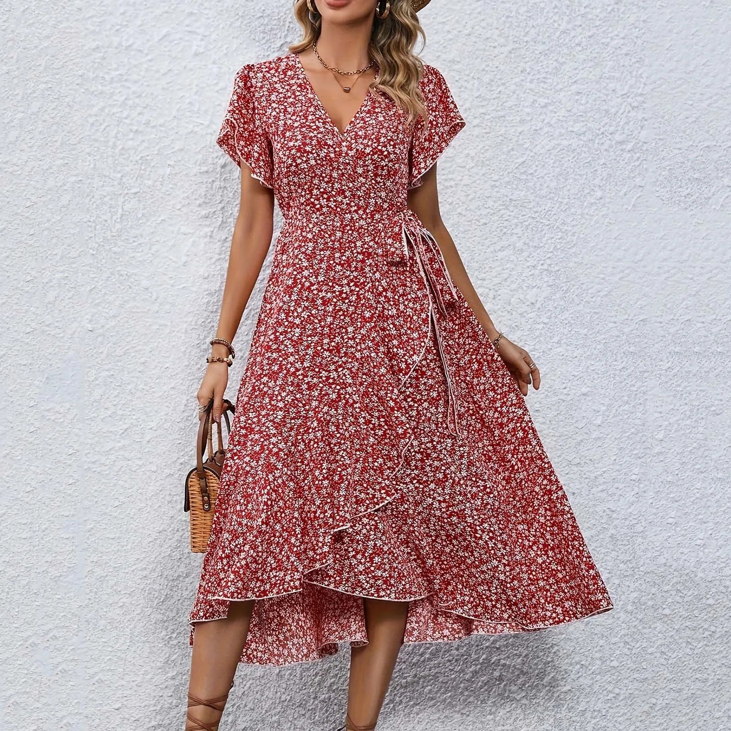 Women’s Floral Wrap V-Neck Midi Dress