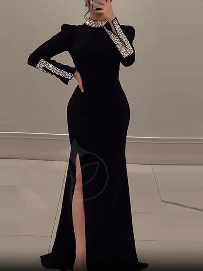 Slim Fit Rhinestone Wrap Banquet Dress