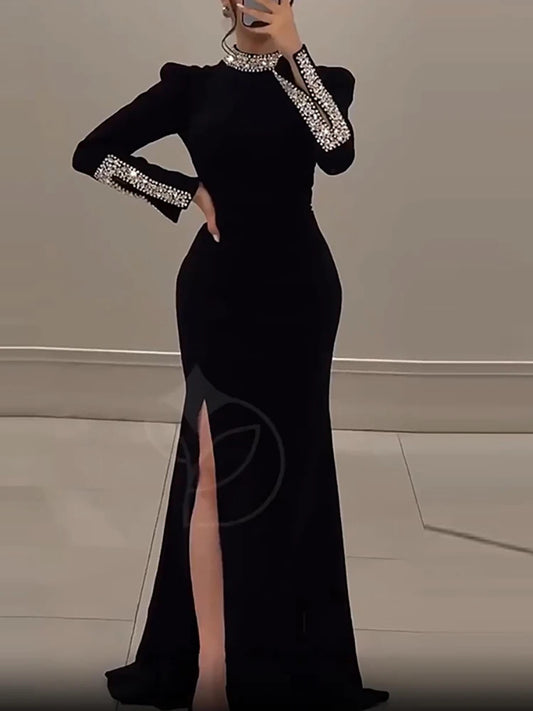 Slim Fit Rhinestone Wrap Banquet Dress