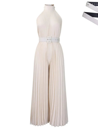 Halter Neck Pleated Wide Leg Jumpsuit